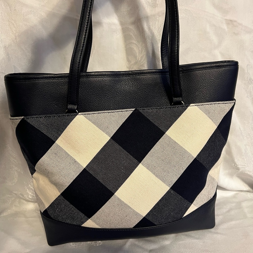 Talbots navy and cream gingham canvas and navy pebbled leather tote bag